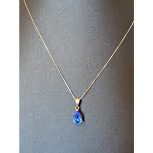 Blue Crystal Teardrop 925 Sterling Silver Pendant & 18" Box Chain Necklace